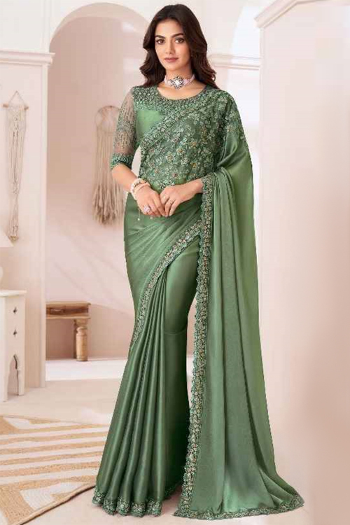 Dusty Green Chiffon Beads Embroidered Sangeet Saree