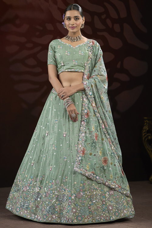 Dusty Green Chinnon Embroidered Panelled Style Lehenga