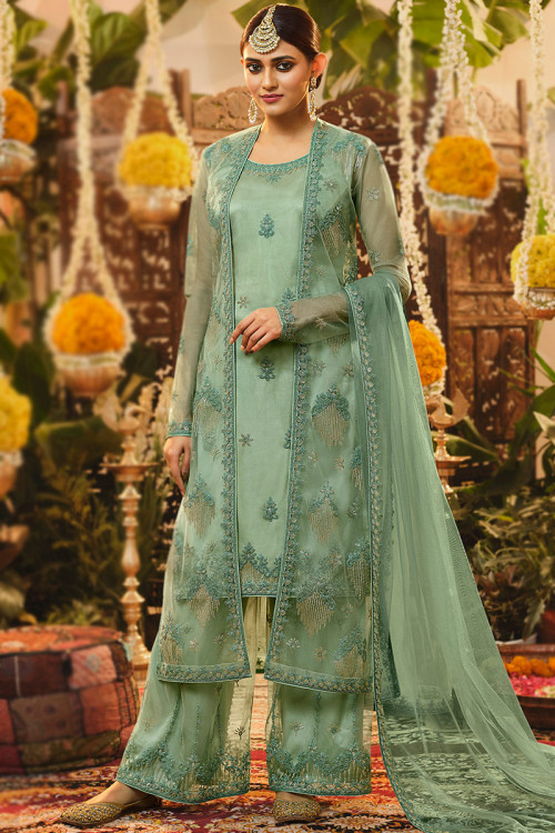 Dusty Green Embroidered Net Jacket Style Palazzo Suit 