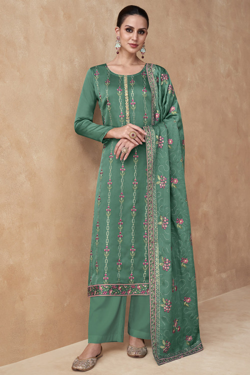 Dusty Green Embroidered Silk Straight Cut Suit For Mehndi 