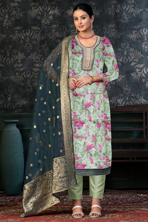 Dusty Green Floral Print Silk Straight Cut Trouser Suit 