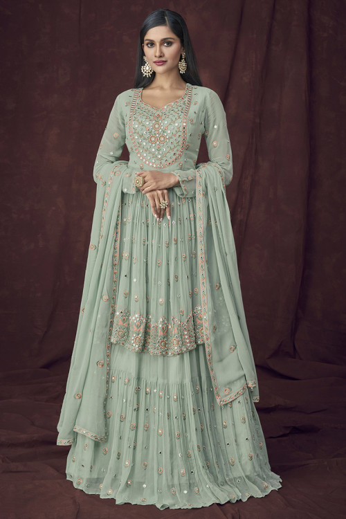Buy Front Slit Anarkali Suit - Lehenga Style Sky Blue & Beige Anarkali –  Empress Clothing