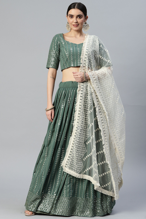Dusty Green Mehndi Sequins Embroidered Lehenga in Georgette