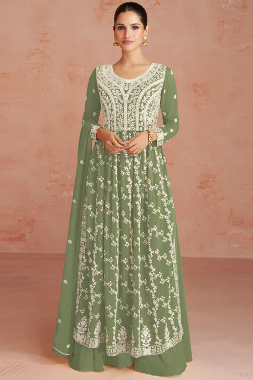 Dusty Green Georgette Embroidered Palazzo Suit For Mehndi 