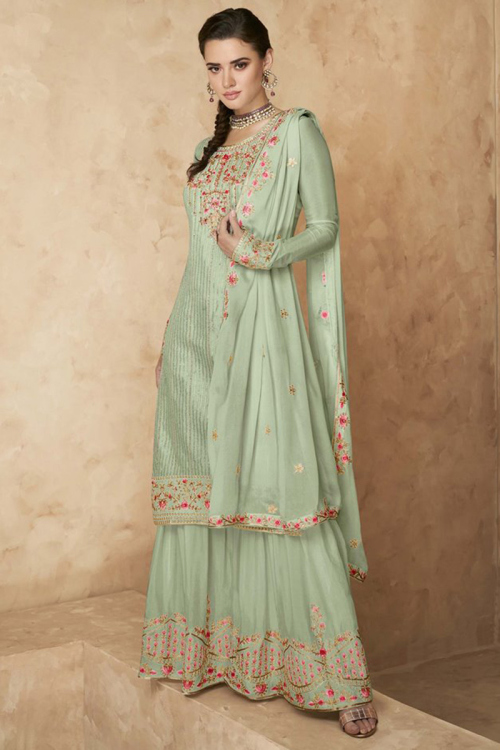 Thread Work Party Wear Sharara Suit in Dusty Green Georgette