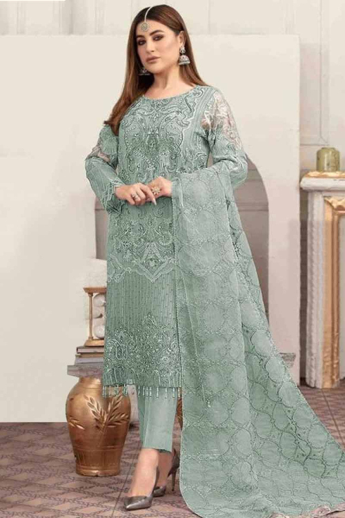 Pakistani Style Dusty Green Georgette Embroidered Trouser Suit