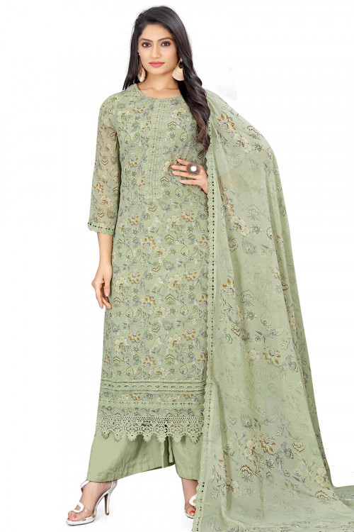 Dusty Green Georgette Printed Casual Wear Palazzo Suit 