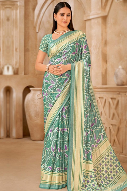 Dusty Green Georgette Saree With Weaved Thread For Festival
