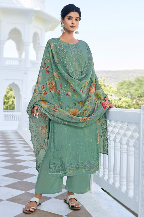 Dusty Green Georgette Trouser Suit for Party Wear with Zari Work