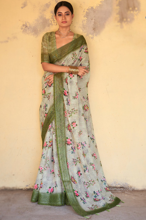 Borderless cotton candy pink & cream color printed linen saree decked with  unique designs all over the saree