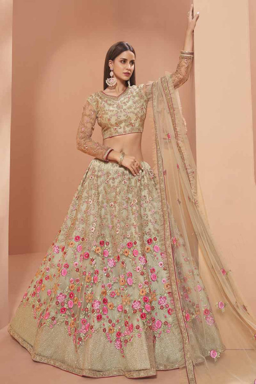 Buy Wine Net Bridal Lehenga And Blouse With Long Trail Sleeves