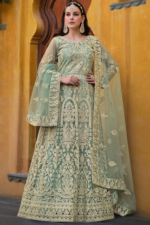 Dusty Green Net Embroidered Anarkali Suit For Mehndi