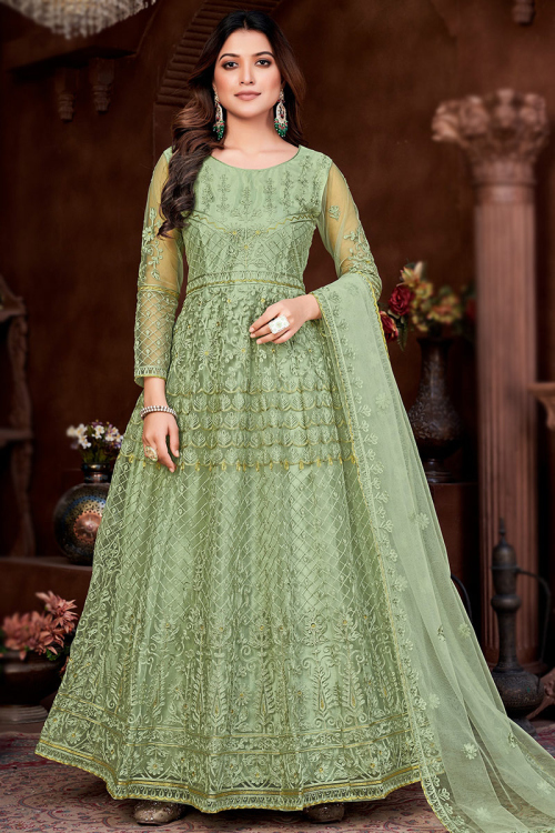 Anarkali with Churidar Anarkali Suit in Net Dusty Green for Wedding 