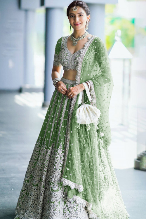 Dusty Green Net Embroidered Lehenga For Mehndi 