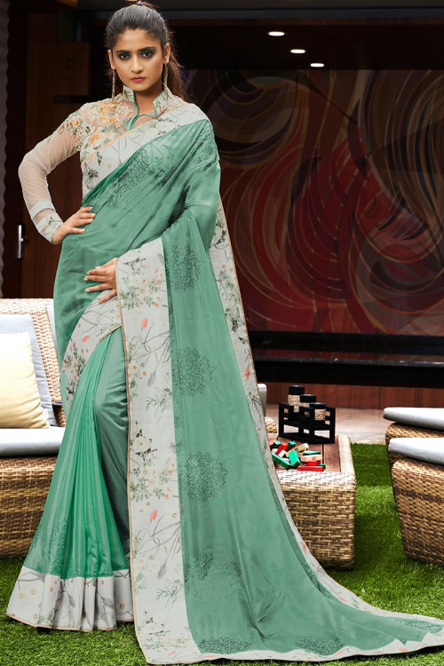 Dusty Green Net Saree With Net Blouse