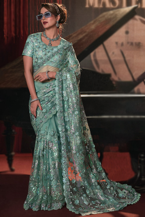 Dusty Green Net Sequins Embroidered Heavy Saree 