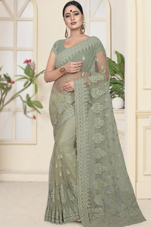Dusty Green Pearl Embroidered Net Festival Wear Saree 