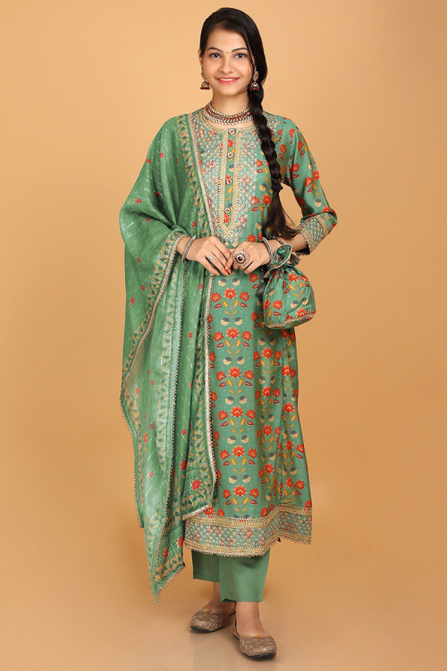 Dusty Green Rayon Printed Trouser Suit with Potli