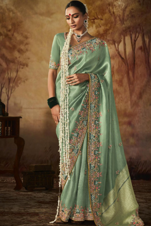 Dusty Green Resham Embroidered Silk Heavy Saree