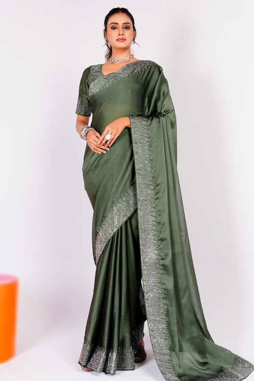 Dusty Green Satin Silk Embellished Light Weight Saree