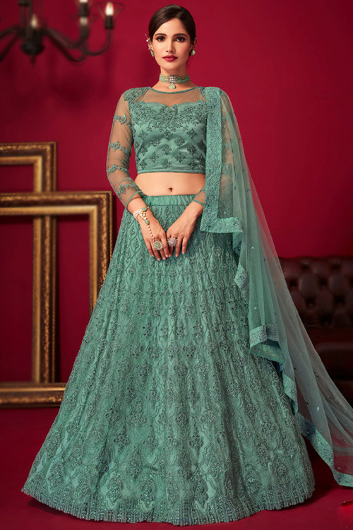 Dusty Green Sequins Embroidered Panelled Lehenga