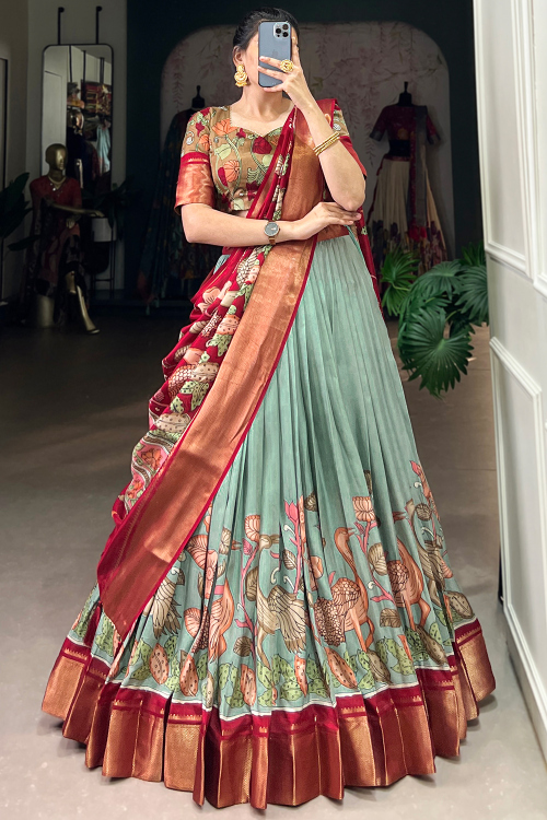 Dusty Green Silk Blend Lehenga With Printed Work For Diwali