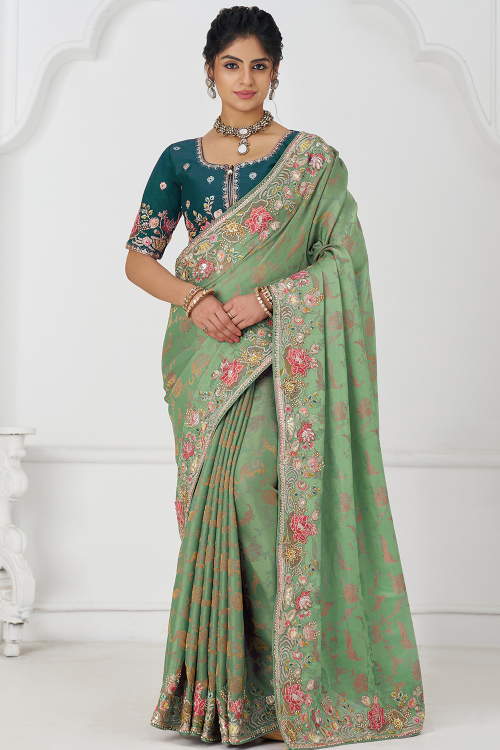 Dusty Green Silk Blend Weaved Heavy Saree