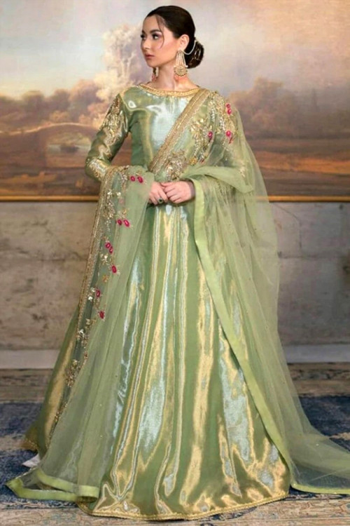 Andaaz Fashion Seafoam Green Organza Straight Cut Trouser Suit