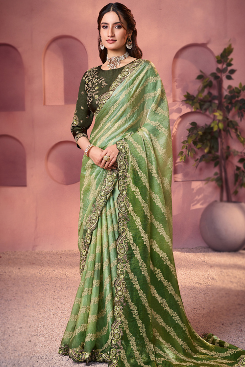 Dusty Green Tissue Silk Bandhej Print Shimmer Saree 