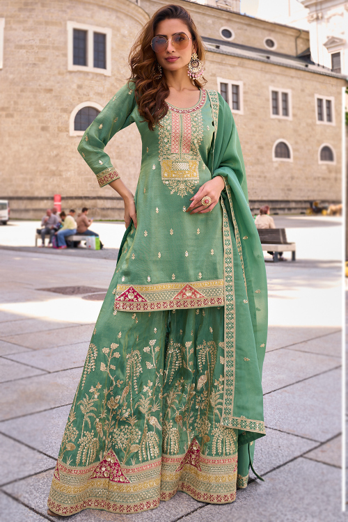 Dusty Green Tissue Silk Zari Straight Cut Sharara Suit 
