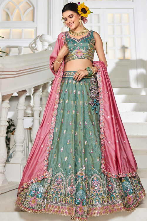 Dusty Green Tissue Zari A Line Lehenga 