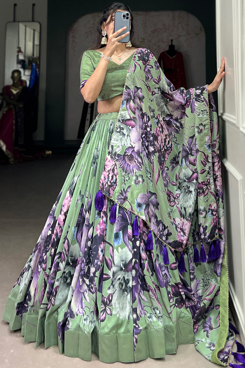 Dusty Green Tussar Silk Lehenga With Printed Work For Diwali