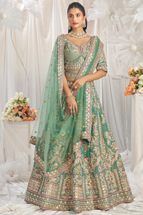 Dusty Green Two Tone Tissue Embroidered Lehenga