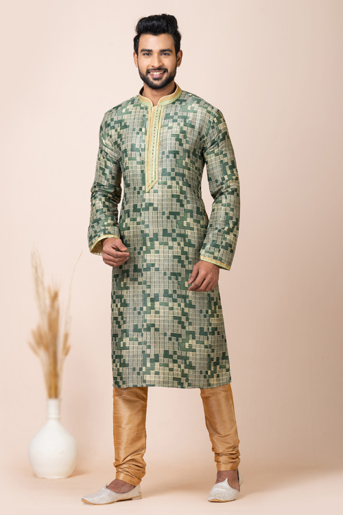 Dusty Green Weaved Zari Silk Men's Kurta With Churidar For Mehndi