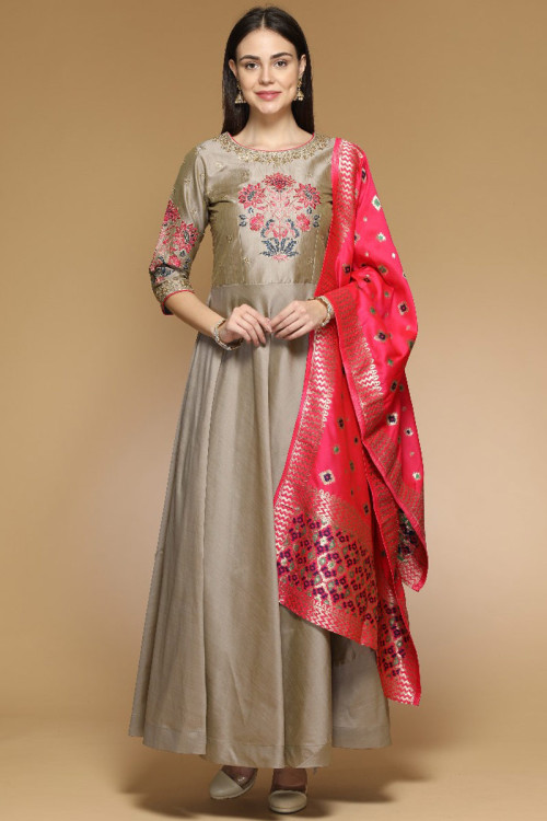Dusty Grey Silk Embroidered Anarkali Suit