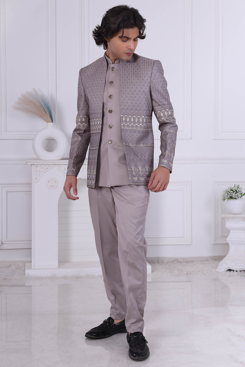 Dusty Mauve Art Silk Jodhpuri Men's Sherwani With Embroidered Jacket