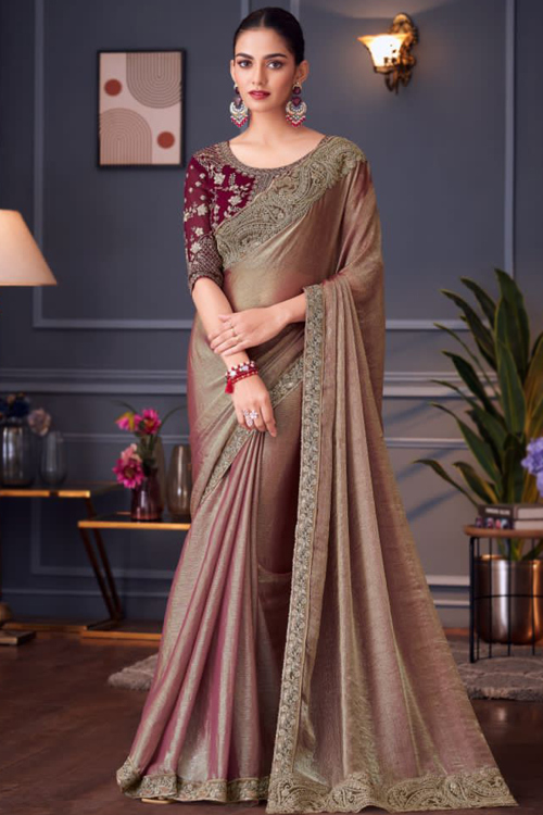 Dusty Mauve Chiffon Embroidered Light Weight Saree