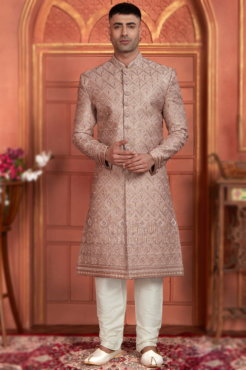 Dusty Mauve Cotton Silk Embroidered Straight Cut Men's Sherwani