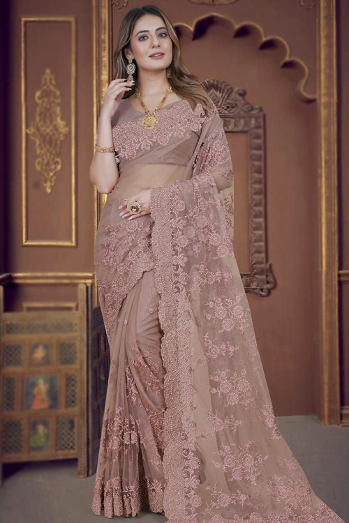 Dusty Mauve Embroidered Net Saree For Wedding 