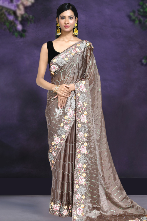 Dusty Mauve Embroidered Satin Silk Light Weight Saree