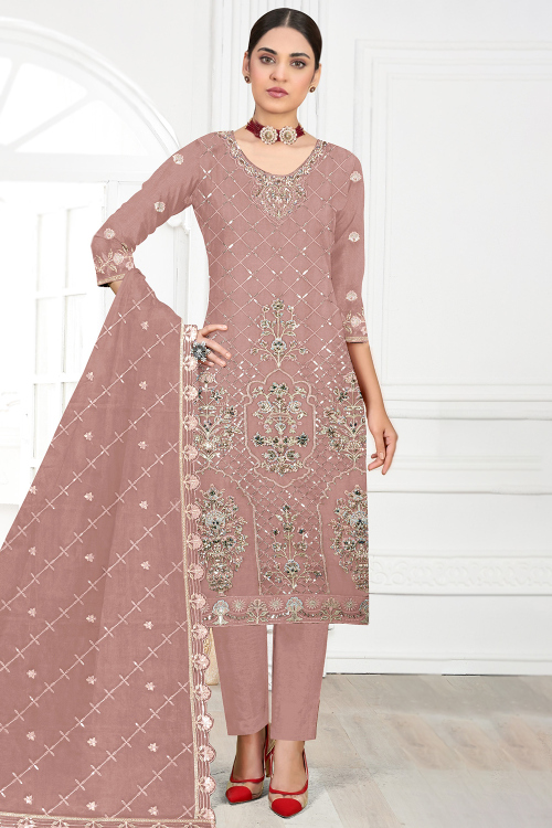 Dusty Mauve Georgette Embroidered Trouser Suit For Sangeet 