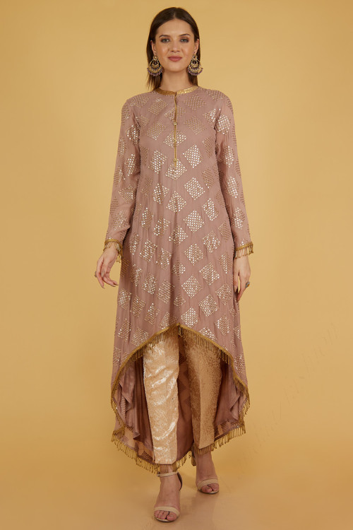 Dusty Mauve Georgette High-Low Style Embroidered Trouser Suit for Eid