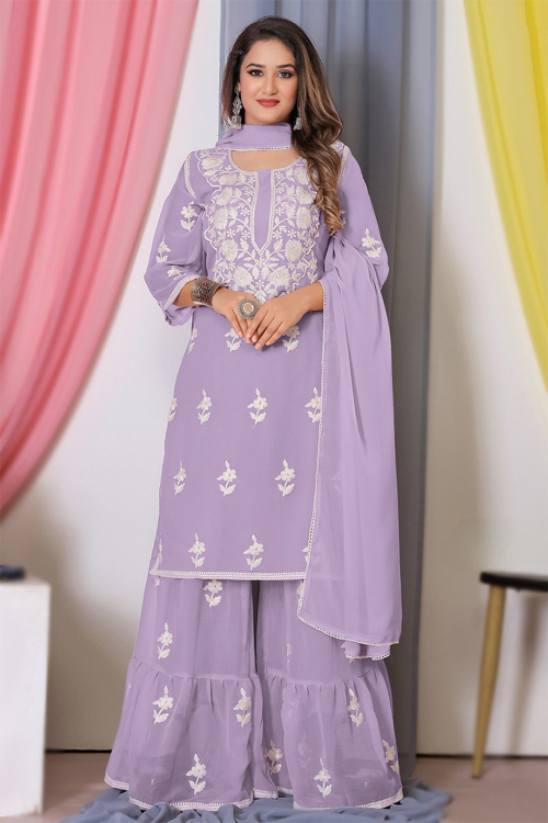 Dusty Mauve Georgette Thread Embroidered Sharara Suit 