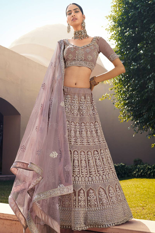 Dusty Mauve Net A-Line Embroidered Lehenga