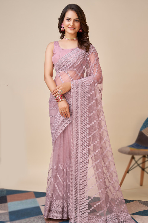 Dusty Mauve Net Embroidered Casual Wear Saree 