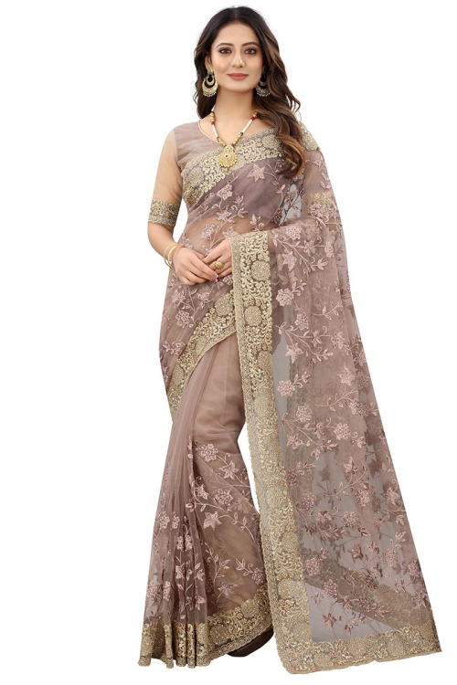 Dusty Mauve Net Embroidered Designer Saree