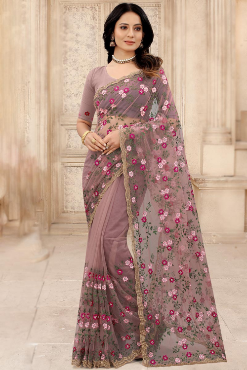 Dusty Mauve Net Embroidered Saree