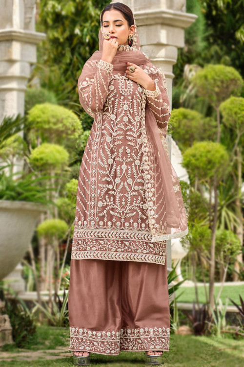 Dusty Mauve Net Embroidered Straight Cut Palazzo Suit 