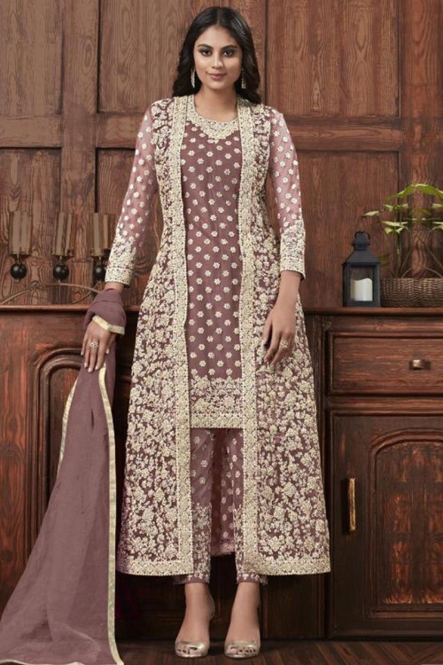 Dusty Mauve Net Embroidered Trouser Suit With Dori Work