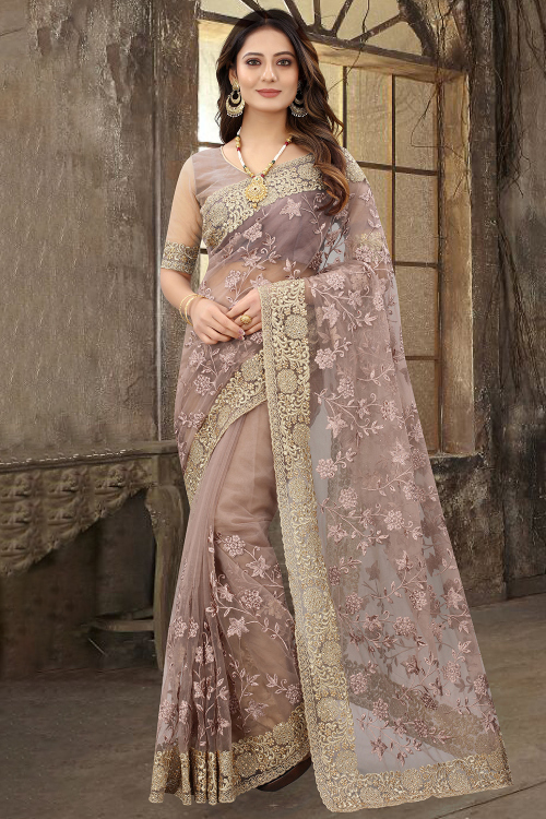 Dusty Mauve Net Saree With Zari Work For Festival